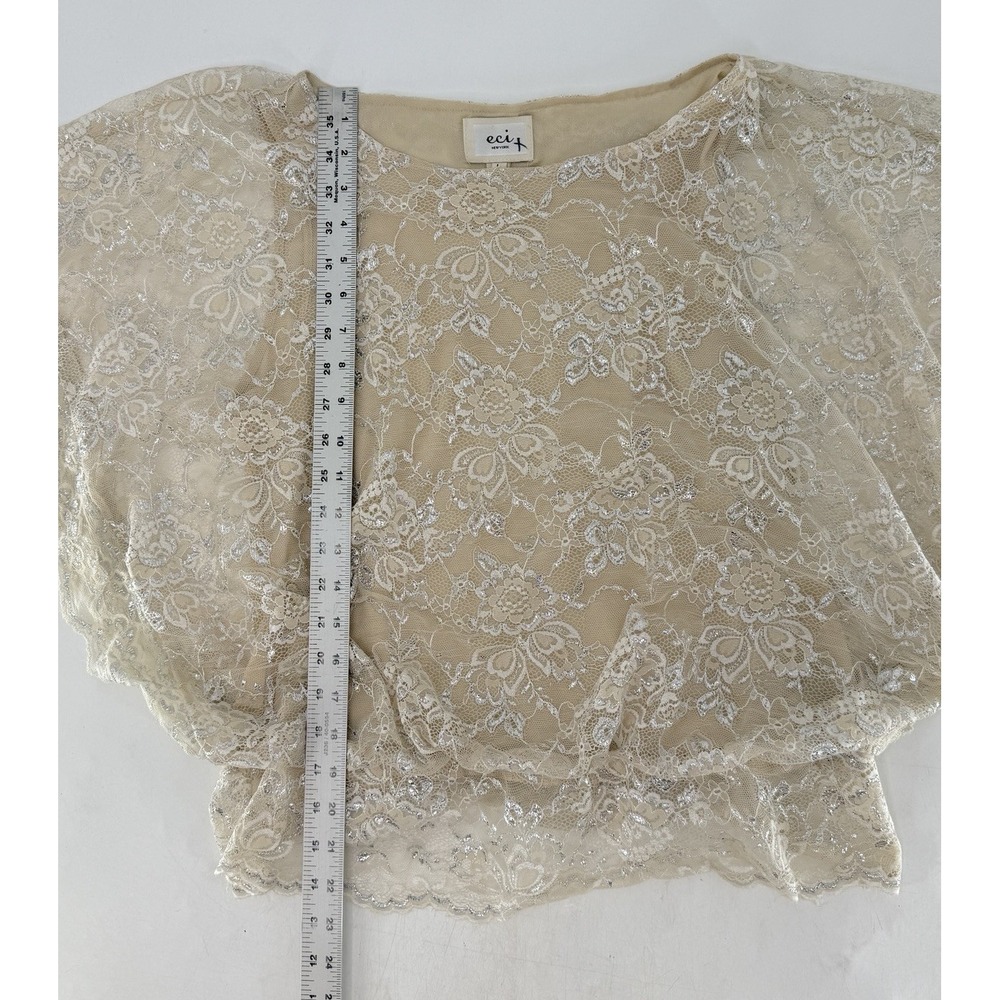 Eci Lace Ivory Beige Blouson Sheer 100% Nylon Blend Lined Blouse Sz L Event - Picture 8 of 9